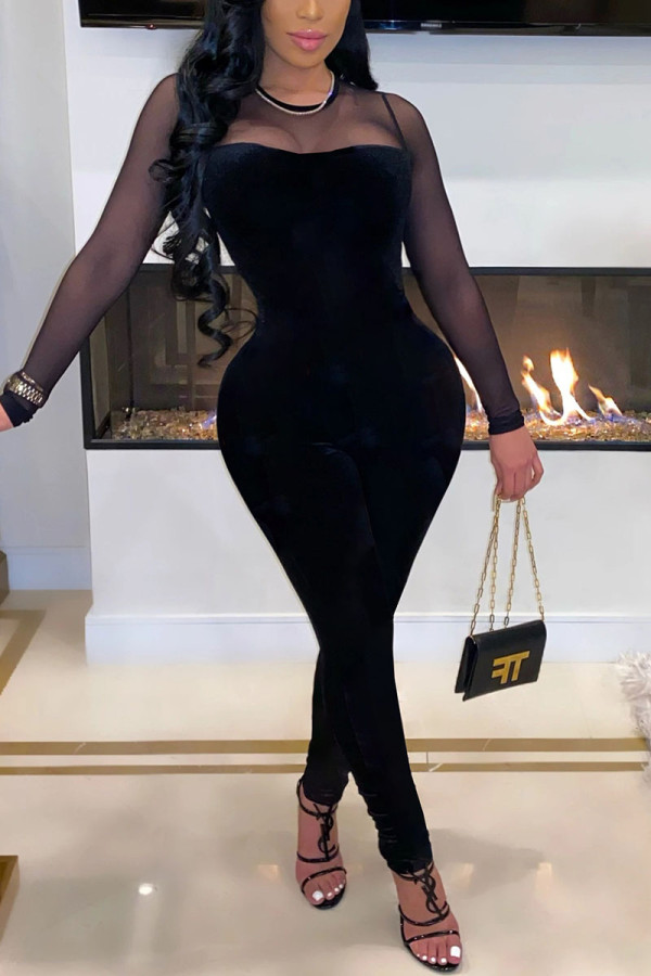 Black Sexy Solid Patchwork See-through O Neck Regular Jumpsuits