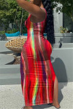 Red Fashion Sexy Print Tie Dye Slit U Neck Vest Dress