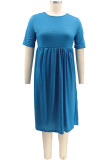 Blue Fashion Casual Plus Size Solid Basic O Neck Short Sleeve Dress (No Pocket)
