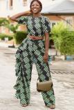 Cyan Casual Fashion adult Dot ruffle Print Two Piece Suits Straight Short Sleeve