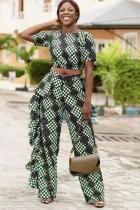 Cyan Casual Fashion adult Dot ruffle Print Two Piece Suits Straight Short Sleeve