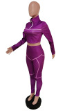 purple Casual Print Patchwork Zipper Collar Long Sleeve Two Pieces