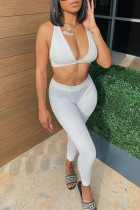 White Sexy Casual Solid Backless V Neck Sleeveless Two Pieces