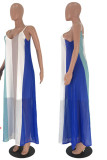 Blue Spaghetti Strap Sleeveless Slip Straight Floor-Length Striped Print Dresses