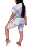 Powder blue Fashion Casual adult Patchwork Print Tie Dye Gradient Two Piece Suits pencil Short Sleeve Two Pieces