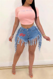 Black Fashion Sexy Print Tassel Mid Waist Straight Jeans