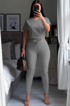 Grey venetian Casual Fashion Ma'am adult Patchwork Two Piece Suits Solid pencil Short Sleeve Two-piece P
