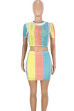 rose red Fashion Sexy Casual Mesh HOLLOWED OUT Patchwork backless Print Hip skirt Short Sleeve