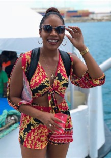 As Show Print Mid Waist Elastic Waist Two-piece suit