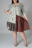 Pink Fashion Plus Size Striped Print Patchwork Turndown Collar Shirt Dress (Without Belt)