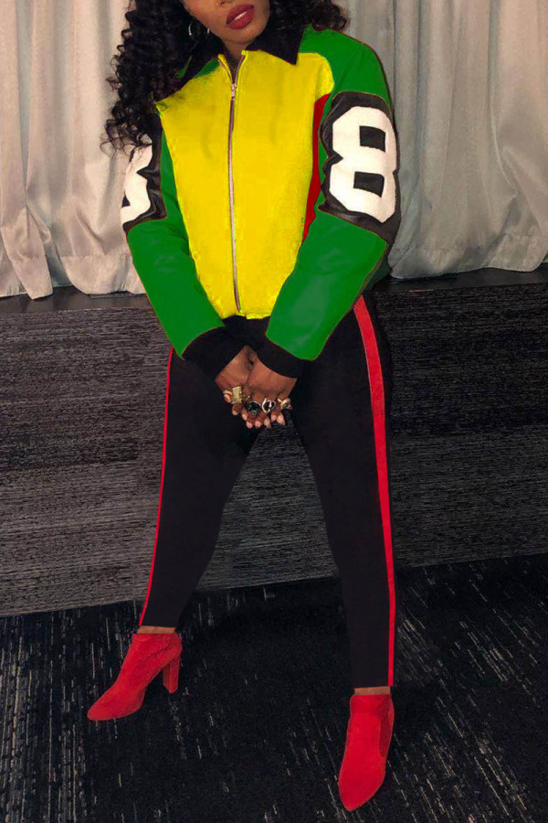 Green Casual Sportswear Print Patchwork Zipper Collar Long Sleeve Two Pieces