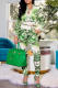 Fluorescent Green Casual Print Patchwork Zipper Collar Long Sleeve Two Pieces
