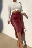 Blue Brown PU Drawstring Sleeveless High Patchwork Solid bandage Split A-line skirt Capris Bottoms