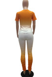 Orange Fashion Casual adult Ma'am O Neck Print Two Piece Suits Lips Print Pattern Plus Size