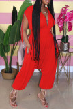 Black Sexy Patchwork Hollow Solid Chemical fiber blend Short Sleeve V Neck Jumpsuits