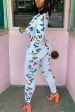 White street Print zipper Long Sleeve V Neck Jumpsuits