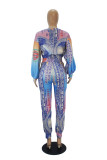 Blue Casual Print O Neck Long Sleeve Two Pieces