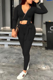 Coffee Casual Knitting Patchwork Solid Patchwork Pullovers Pants Knotted V Neck Long Sleeve Regular Sleeve Short Two Pieces