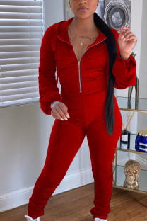 Red Sexy Twilled Satin Solid Fold Hooded Collar Long Sleeve Regular Sleeve Short Two Pieces