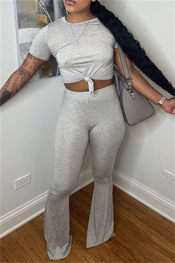 Grey Fashion Casual Solid Basic O Neck Short Sleeve Two Pieces