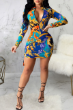 Blue Sexy Print Patchwork Turndown Collar Pencil Skirt Dresses