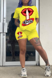 Yellow Fashion Casual Print Basic O Neck Short Sleeve Two Pieces