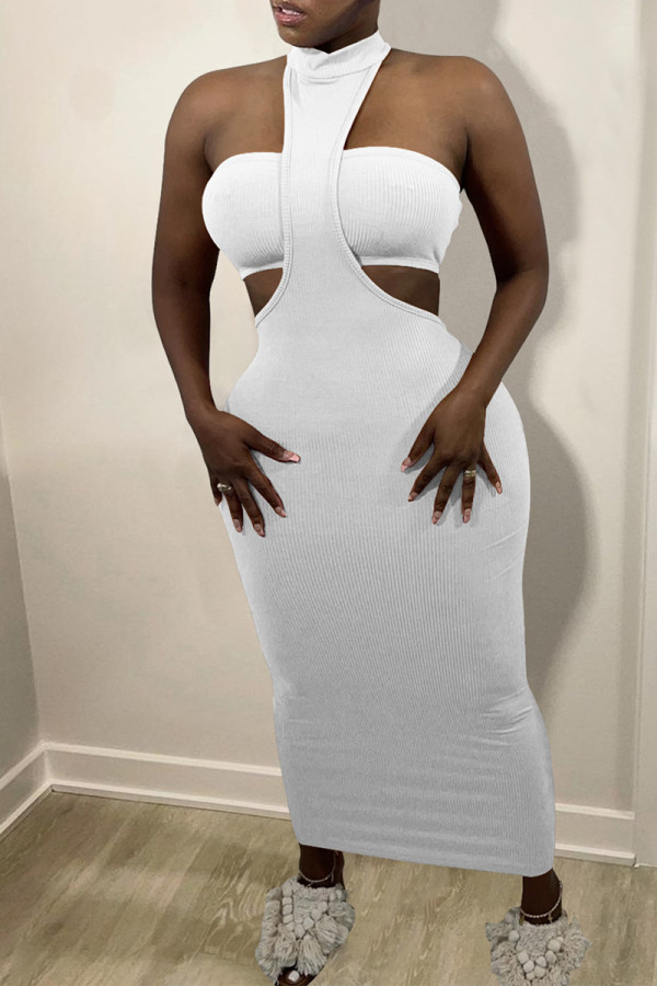 White Fashion Sexy Solid Hollowed Out Backless O Neck Sleeveless Two Pieces