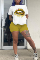 Yellow Milk Silk Fashion Casual Print Two Piece Suits Straight Short Sleeve Two Pieces