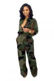 Blue Fashion Casual Button bandage Coloured drawing Camouflage Long Sleeve O Neck 