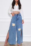 Blue Street Solid Ripped Patchwork Slit High Waist Straight Denim Jeans