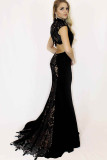 Black Sexy Cap Sleeve Short Sleeves Mandarin Collar Princess Dress Floor-Length Solid lace hollo