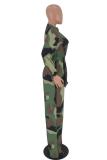 Blue Fashion Casual Button bandage Coloured drawing Camouflage Long Sleeve O Neck 