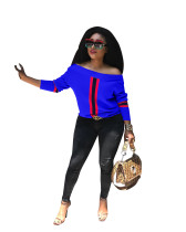 Blue One word collar Long Sleeve Patchwork Tees & T-shirts