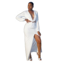 White Fashion Sexy Cap Sleeve Long Sleeves V Neck Asymmetrical Ankle-Length Club Dresses