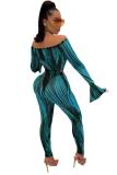 Blue Sexy Fashion adult Patchwork Two Piece Suits Striped Print pencil Long Sleeve