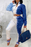 Blue Casual Print Patchwork Zipper Collar Long Sleeve Two Pieces