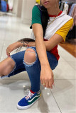 Blue Fashion Casual Patchwork Basic O Neck T-Shirts