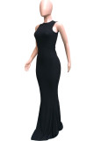 Black Lightly cooked Sleeveless O neck Swagger Floor-Length Solid Dresses