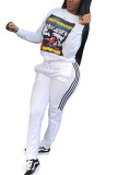 White Fashion Casual Adult Print Patchwork O Neck Long Sleeve Regular Sleeve Regular Two Pieces