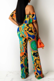 Multicolor Sexy Print Patchwork Off the Shoulder Straight Jumpsuits