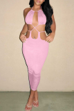 White Sexy Solid Hollowed Out Halter Pencil Skirt Dresses