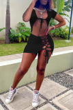 Pink Sexy Solid Hollowed Out Square Collar Short Sleeve Two Pieces