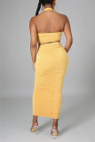 Silver Sexy Solid Hollowed Out Backless Fold Halter Sleeveless Two Pieces