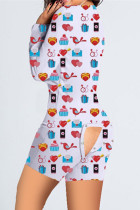 White Casual Living Print Basic V Neck Regular Romper