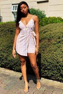 White Casual Fashion bandage Button Striped Sleeveless Slip Rompers