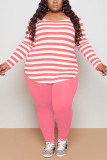 Black Casual Striped Print Patchwork O Neck Plus Size 