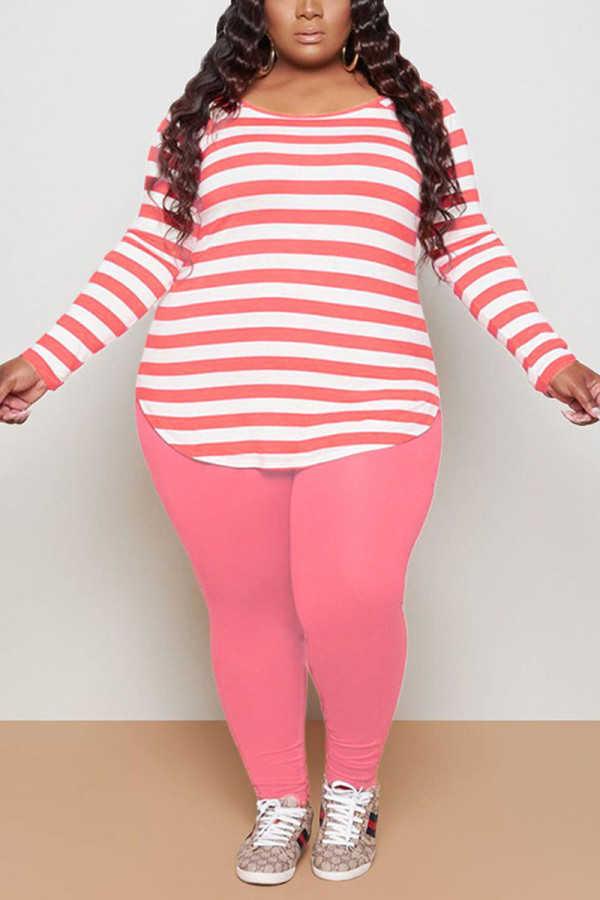 Pink Casual Striped Print Patchwork O Neck Plus Size 