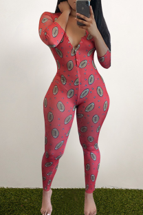 Red Casual Print Patchwork V Neck Skinny Jumpsuits