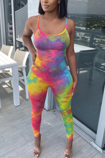 Yellow and pink Fashion street Tie-dyed Milk. Sleeveless Slip Jumpsuits
