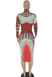 Red Milk. Fashion adult Ma'am Street Cap Sleeve Long Sleeves O neck Step Skirt Knee-Length Print Dresses